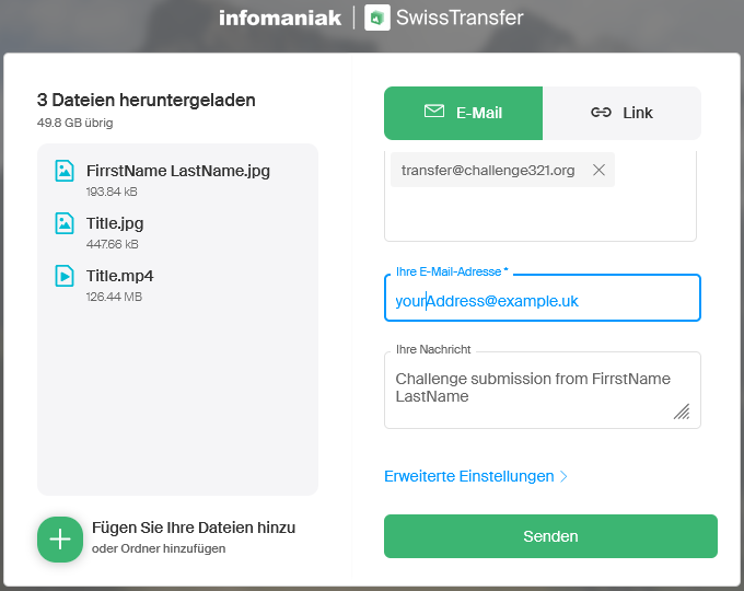 screenshot of swisstransfer form