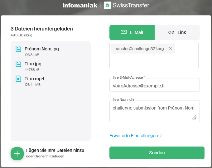 screenshot of swisstransfer form