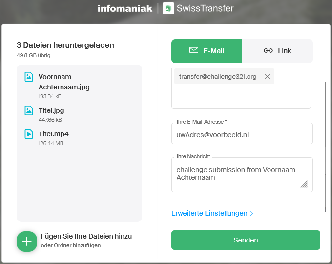 screenshot of swisstransfer form